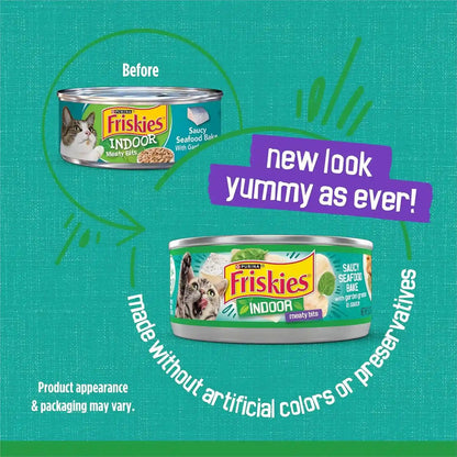 Purina Friskies Indoor Cat Food Meaty Bits Saucy Seafood Bake with Garden Greens in Sauce - (Pack of 24) 5.5 Oz. Cans2