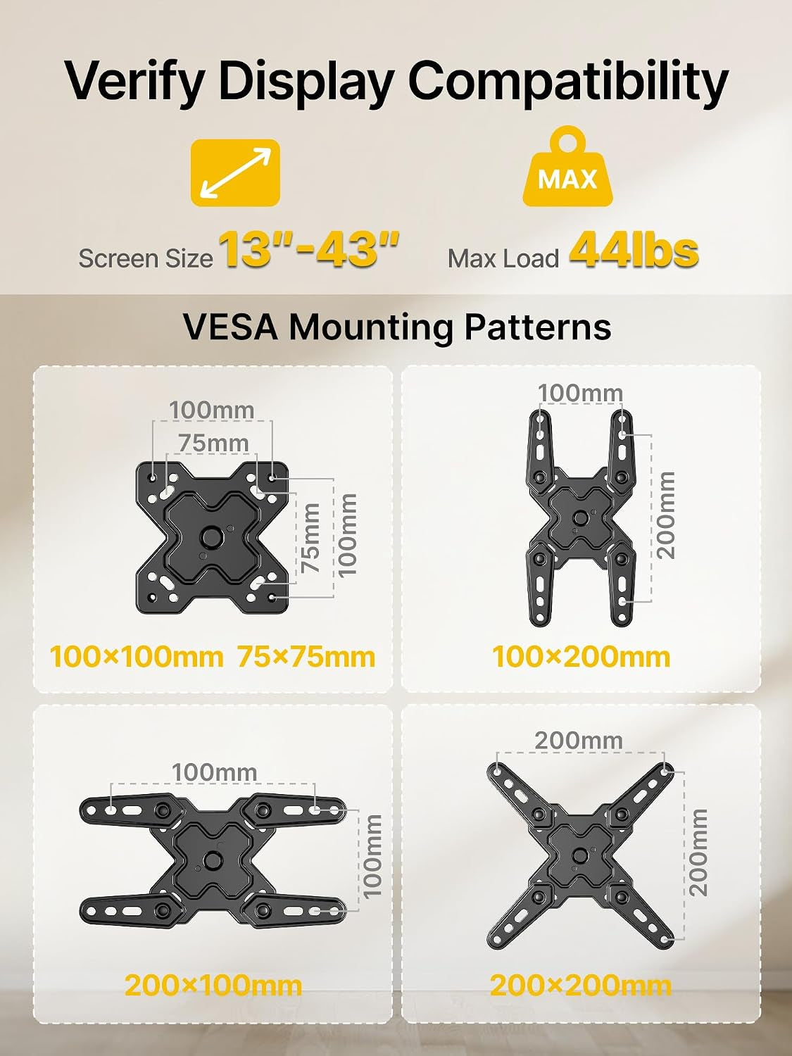 full-motion-small-tv-wall-mount-for-13-43-inch-tvs-up-to-44-lb-90-swivel-5-15-tilt-landscape-portrait-rotation-extends-14-6-in-4x-load-tested-vesa-200x200-mm-single-stud-mount