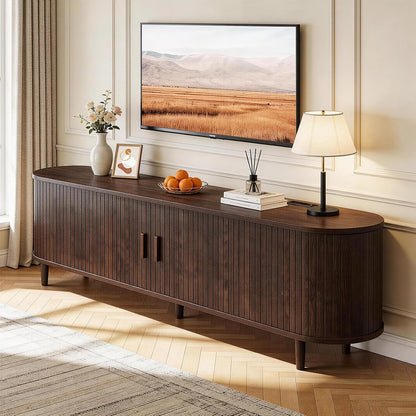 65" Mid Century Modern TV Stand with Power Outlet, Fluted Entertainment Center with Storage and Adjustable Shelves, Wood TV Console with Sliding Doors for Living Room, Walnut1