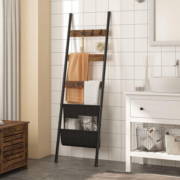 Blanket Ladder, 5 Tier Towel Rack, 17.3" L X 63" H, Wall-Leaning Blanket Rack for Living Room, Decorative Ladder with 4 Hooks and Magazine Pocket, Rustic Brown BF32CJ015