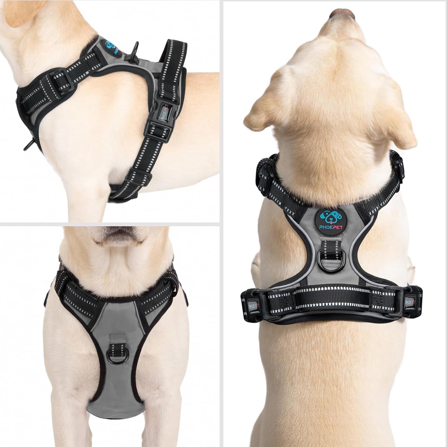 phoepet-no-pull-dog-harness-medium-reflective-front-clip-vest-with-handle-adjustable-2-metal-rings-2-bucklesm-grey