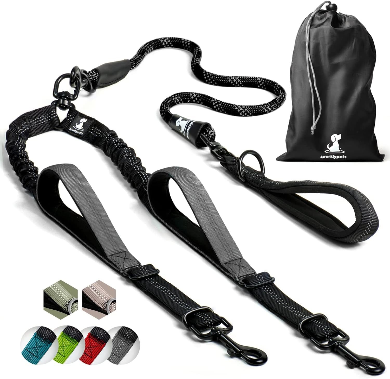 sparklypets-double-dog-leash-for-2-dogs-rope-bungee-dual-leash-for-medium-and-large-breeds-with-padded-handles-tangle-free-teal-medium-large