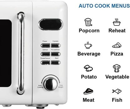 MWR7020W Compact Countertop Microwave Oven with Button Control, LED Display, 700W 5 Power Levels, 8 Auto Menus, Glass Turntable and Child Safe Lock, 0.7, Retro White4