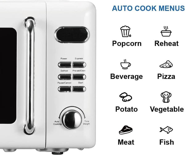 MWR7020W Compact Countertop Microwave Oven with Button Control, LED Display, 700W 5 Power Levels, 8 Auto Menus, Glass Turntable and Child Safe Lock, 0.7, Retro White4