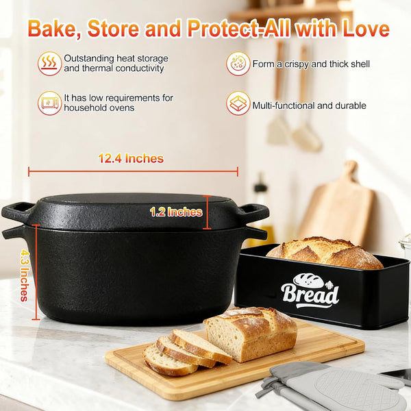 ARC Dutch Oven for Bread Baking Includes Bread Box & Heat-Resistant Oven Mitts, 3.6QT Oval Cast Iron Bread Loaf Pan with Lid, Bread Oven for Sourdough, Sourdough Starter Kit2