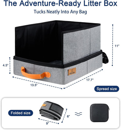 MORAIS Portable Travel Litter Box for Cats, 17.7"×13.5"×11" Collapsible Cat Litter Box with Lid, Leak-Proof Cat Litter Pan for Car Hotel Airplane, Waterproof & Easy to Carry- Gray2