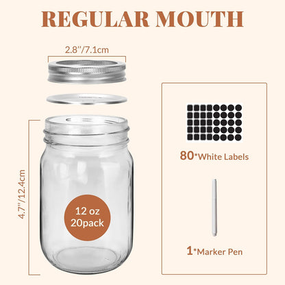 20 Pcs 12Oz Glass Mason Jars with Silver Separable Lids | BPA Free, Airtight, 350Ml round Canning Jars for Honey, Jam, Herb, Wedding Favor, Kitchen Storage, Crafts, Meal Prep2