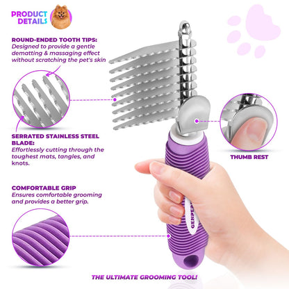 GENPEPADO Dematting Undercoat Rake Comb for Dogs & Cats with Long 2.5-In Stainless Steel Safety Blades for Removing Knots, Mats & Tangles - Pet Grooming Deshedding Brush Tool with Anti-Slip Grip2