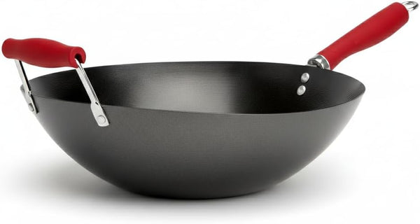 14 Inch Red Wok with Flat Bottom, Carbon Steel Stir Fry Pan with Wooden Handle, Deep Cooking Wok for Gas, Electric & Induction Stovetops1