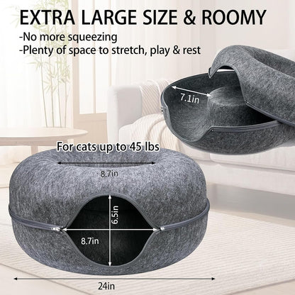Cat Tunnel Bed for Heavy Big Cats up to 45 Lbs - 24" Donut Cat Bed for Multi-Cat Home - Premium Detachable Zipper Felt Anti-Scratch Cat Cave Bed - Roomy Non-Collapsing Cat Hideaway & Peekaboo Toy2