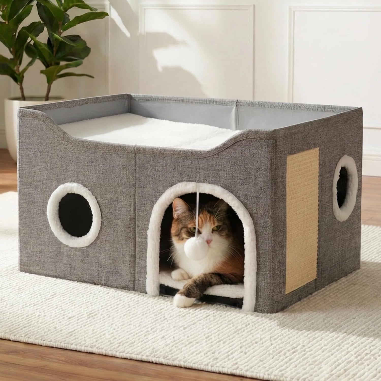 eolahalcy-cat-beds-for-indoor-cats-large-cat-cave-for-pet-cat-house-with-fluffy-ball-hanging-and-scratch-pad-foldable-cat-houses-for-large-indoor-cats-cat-hideaway-23-8x15-9x13-2-inches-grey