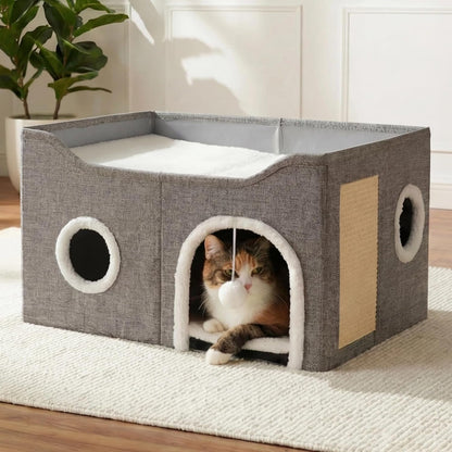 Eolahalcy Cat Beds for Indoor Cats - Large Cat Cave for Pet Cat House with Fluffy Ball Hanging and Scratch Pad, Foldable Cat Houses for Large Indoor Cats,Cat Hideaway, 23.8X15.9X13.2 Inches, Grey7