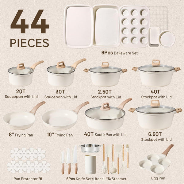44Pcs Pots and Pans, Nonstick Cookware Sets with Bakeware | Induction Cooking Set with Kitchen Knife Set & Egg Pan, Durable, Easy Clean, Even Heating2