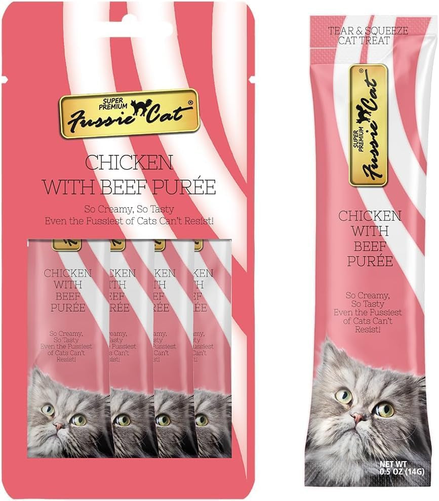 fussie-cat-premium-puree-lickable-cat-treats-in-chicken-puree-4-flavors-4-packs-of-4-0-5oz-tubes-16-total-tubes-spoon