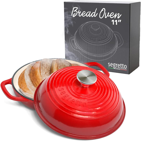 Enameled Cast Iron Bread Pan with Lid, 11” Red Bread Oven Cast Iron Sourdough Baking Pan, Dutch Oven for Bread, No Seasoning Needed -1