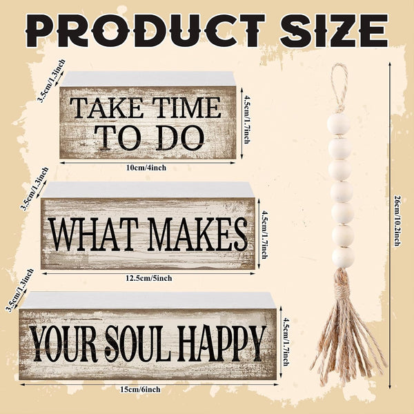 4 Pcs Farmhouse Tabletop Decoration Inspirational Tiered Tray Decor | Rustic Wooden Block Sign Take Time to Do What Makes Your Soul Happy Blocks with Beads Tassel,Home Shelf Centerpiece4