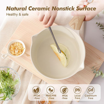 1.5 & 2.5 Quart Ceramic Sauce Pan Sets with Lid, Cooking Pots Set, Nonstick Saucepan Set with Pour Spout, Small Kitchen Pot, Non Toxic Saucepot, Induction Comptable, PFOA PTFE PFAS Free2