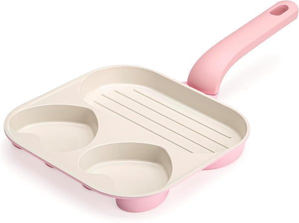 Ceramic Nonstick Divided Skillet with Heart-Shaped Sections and Grill Plate, Cast Aluminum, Dishwasher Safe, 8-Inch, Pink1