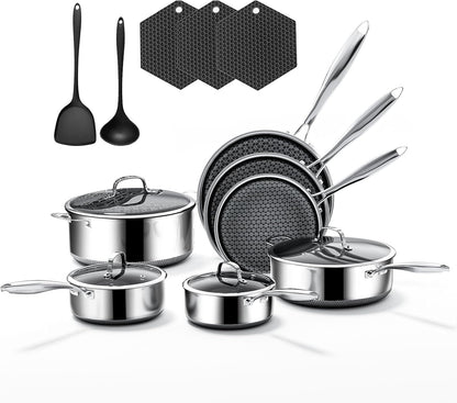 16-Piece 5 Ply Stainless Steel Cookware Set with Lids, Pots and Pans Set Non Stick, Non-Toxic, for Induction, Oven, Dishwasher Safe, RV Essentials, Kitchen Appliances1