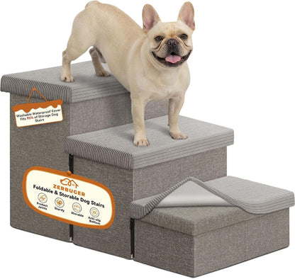 Zerbuger Wider Dog Ramp for High Bed with Storage 18" H, Foldable Dog Stairs for Small Medium Large Older Senior Animal, Sturdy Dog Step for Climbing Bed or Couch, Arthritis-Friendly (Gray, No Condo)24