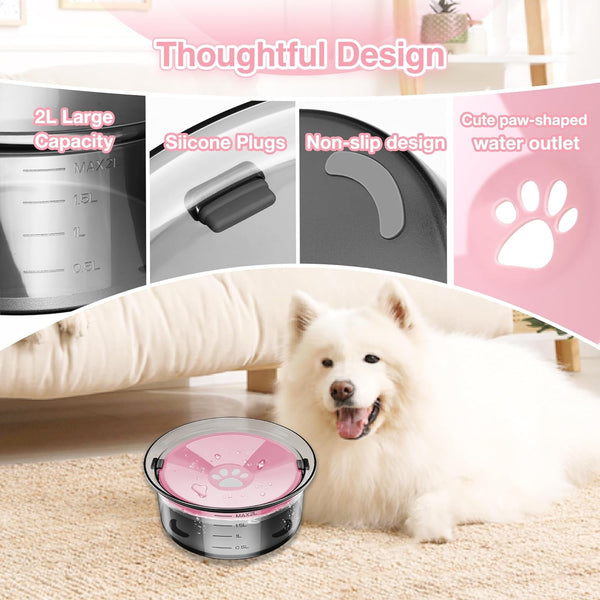 2L Dog Water Bowl No Spill, 70Oz Large Spill Proof Dog Water Bowl Reduce Refill, Slow Drinking Water Bowl anti Splash No Mess Pet Water Bowl for Vehicle/Outdoor/Indoor, Pink4