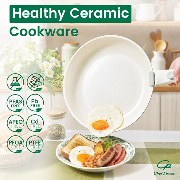 Ceramic Cookware Set Non Toxic with Detachable Handles, Healthy Nonstick Decal Pans and Pots Set 14 Pcs, Induction Dishwasher Oven Safe Kitchen Set, Light Green with Olive Branch3
