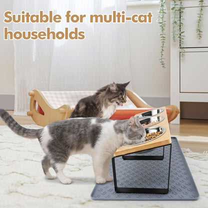 15° Tilted Elevated Cat Bowls - Raised Cat Bowls Stand with Silicone Food Mat & 3 Stainless Steel Cat Dishes for Food and Water, Anti-Vomiting for Indoor Cats and Small Pets5