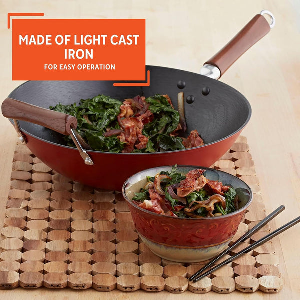 USA GKG-61021 Light Cast Iron Wok, 14", Red Handles | Ideal for Stir-Frying and Deep Frying, Great for Everyday Cooking3