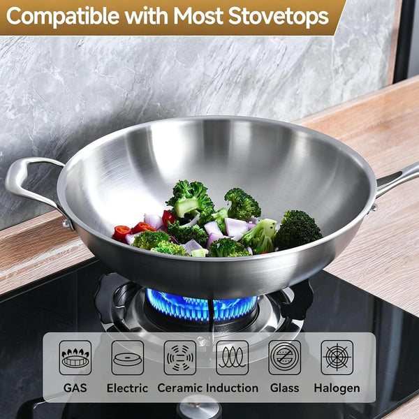 13-Inch Stainless Steel Wok with Glass Lid | Detachable Handle | Uncoated Tri-Ply Stir Fry Pan | Everyday Cooking Wok for Induction & Glass| Flat Bottom | SGS Certified Cookware | PFOA-FREE6