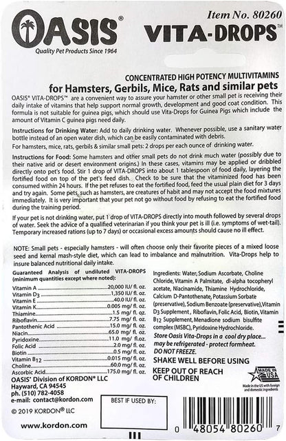 Oasis Hamster Vita-Drops All-In-1 Multivitamins - Daily Vitamin Supplement Supports Healthy Bones & Teeth, Joints & Digestion, Promotes Healthy Skin Coat, Orange Flavor, 2-Ounces2
