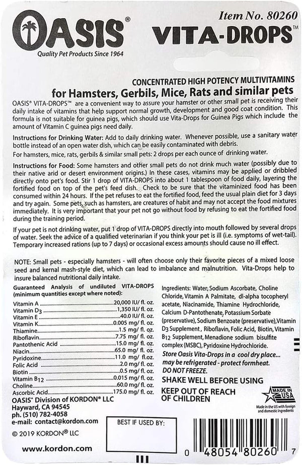Oasis Hamster Vita-Drops All-In-1 Multivitamins - Daily Vitamin Supplement Supports Healthy Bones & Teeth, Joints & Digestion, Promotes Healthy Skin Coat, Orange Flavor, 2-Ounces2