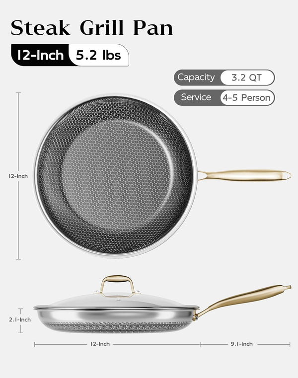 Nonstick Frying Pan with Lid 12-Inch, Durable Stainless Steel Skillet, Induction Cooktop Compatible, Pfoa-Free Scratch-Proof, Dishwasher & Oven Safe, Stay-Cool Handle, Silver Kitchen Cookware2