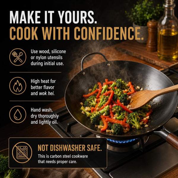 12.6-Inch Nitrided Carbon Steel Wok Pan, Flat Bottom, Induction | Fast-Heating Carbon Steel for Stir-Fries, Fried Rice and Noodles. Pfas-Free, Factory-Seasoned, Induction Ready; Serves 3-4.7