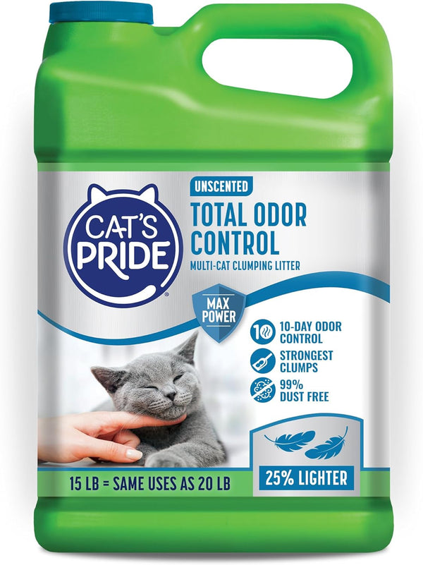 Cat'S Pride Max Power: Total Odor Control - up to 10 Days of Powerful Odor Control - Strong Clumping - Hypoallergenic - 99% Dust Free - Multi-Cat Litter, Unscented, 15 Pounds1