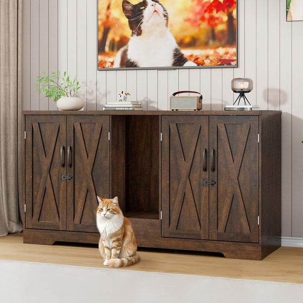 59.1" Cat Litter Box Enclosure for 2 Cats, Hidden Litter Box Furniture with Power Outlet & Removable Hallway, Lockable Door & Anti-Tip Design, Farmhouse Litter Box Cabinet with Magnetic Door, White10