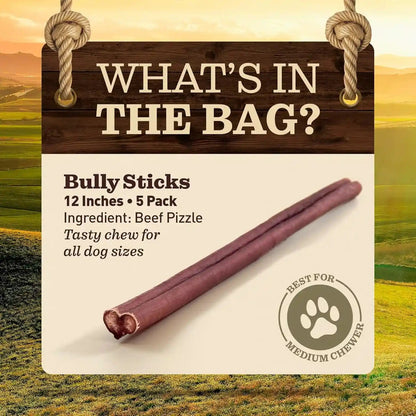 Pet Odor-Free Standard Bully Sticks (12", 5 Pack) – 100% Grass-Fed Beef Pizzle Dog Chews, Fully Digestible & Long-Lasting Dental Treats2