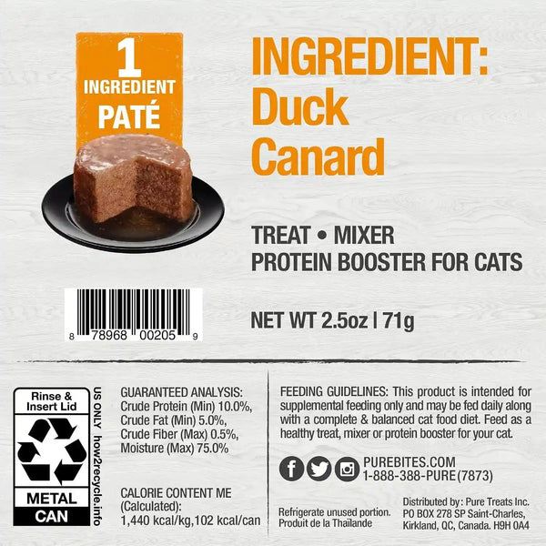 Purebites 100% Pure Duck Pate Cat Treat | 2.5Oz Can | Only 1 Ingredient | Case of 122