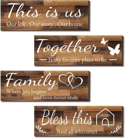 4 Pieces Home Wall Signs, THIS IS US/TOGETHER/BLESS THIS HOME/FAMILY Wall Decor for Living Room Bedroom, Rustic Wooden Farmhouse Wall Art , 4.7 X 13.8 Inch(Brown)1