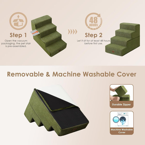 EHEYCIGA Dog Stairs for Bed 18" H, Dog 4-Steps for High Bed, Olive Green | Pet Steps for Small Dogs and Cats, Non-Slip Balanced Pet Ramp Indoor6