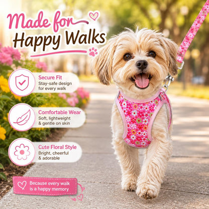 Step in Dog Harness Leash Set- All Weather Reflective No-Pull Floral Pattern Padded Mesh Vest Harness for Cats Puppy Extra-Small Small Medium Large Dogs - Pink Flower - S4