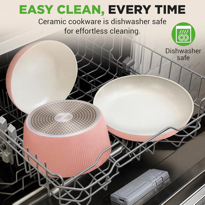18 Pc Ceramic Cookware Set, Pots and Pans Set Non Stick, Pink | Ceramic Cookware Set, Includes Fry Pans, Utensils, Glass Lids, Detachable Handles, Induction Ready, Durable, Oven Safe5
