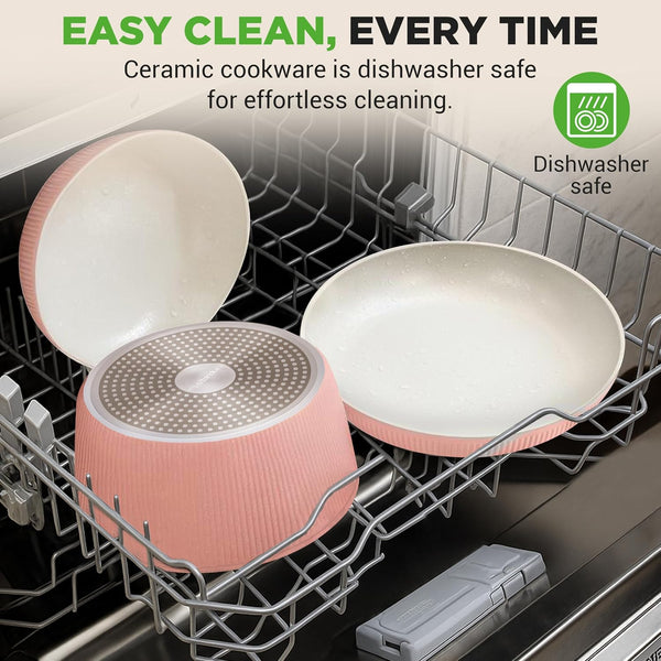 18 Pc Ceramic Cookware Set, Pots and Pans Set Non Stick, Pink | Ceramic Cookware Set, Includes Fry Pans, Utensils, Glass Lids, Detachable Handles, Induction Ready, Durable, Oven Safe5