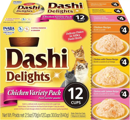 INABA Dashi Delights Lickable Cat Treats, Chicken Variety, 12Ct | Immune Support, Antioxidant Support, 88% Moisture, Shredded Chicken, Dashi Broth Side Dish, Grain-Free, 12 X 2.5 Oz Cups1