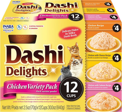 INABA Dashi Delights Lickable Cat Treats, Chicken Variety, 12Ct | Immune Support, Antioxidant Support, 88% Moisture, Shredded Chicken, Dashi Broth Side Dish, Grain-Free, 12 X 2.5 Oz Cups1