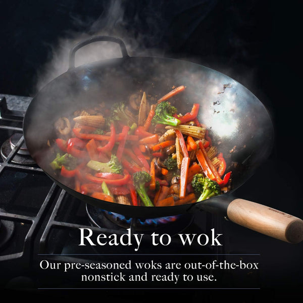 Pre Seasoned Blue Carbon Steel Flat Bottom Wok -14 Inch Chinese Pow Wok - Traditionally Hand Hammered Woks and Stir Fry Pans2