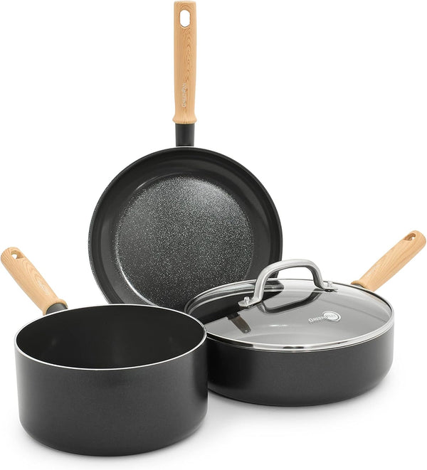 Hudson Healthy Ceramic Nonstick, 4 Piece Cookware Pots and Pans Set, Vintage Wood Inspired Handle, Pfas-Free, Dishwasher Safe, Black1