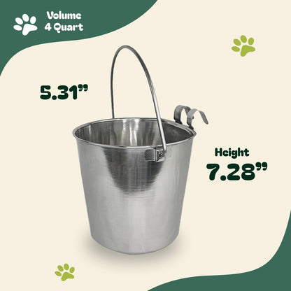 Advance Pet Products 4 Quart Stainless Steel Bucket with Dual Hook | Perfectly Fits on Kennels, Cages and Critter Crates | Heavy Duty Bucket for Pets Cleaning & Food Prep - Flat Sided Pail4