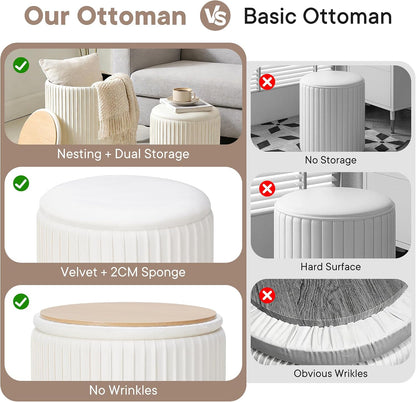 round Ottomans with Storage, Vanity Stool, Foot Stool, Set of 2 | 14.57"D X 18.11"H and 12.60"D X 14.96"H, Velvet Ottoman for Living Room, Bedroom, Dorm, Beige7