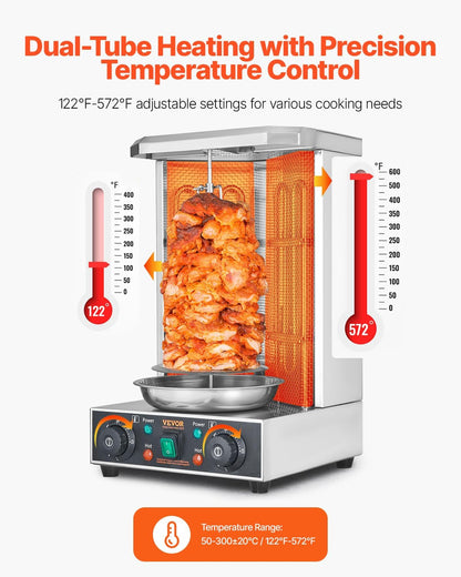 Shawarma Grill Machine, 122°F-572°F, 13Lbs Capacity, Chicken Shawarma Cooker Machine with 2 Burners, Stainless Steel, Electric Vertical Broiler Gyro Rotisserie Oven for Home and Commercial Use3