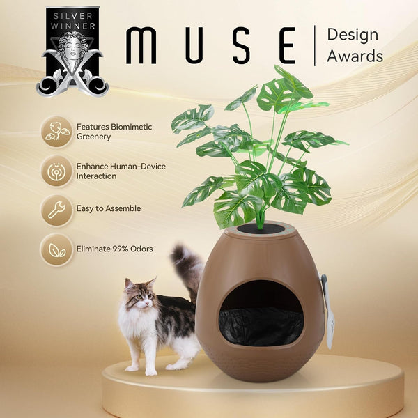 Eggloa6 Hidden Cat Litter Box with Artificial Plants ＆ Odor Removal System, Egg-Shaped Enclosure Includes Scoop ＆3PCS Liners Secret, Discreet Furniture, DIY Assembly Cat Litter Box Cabinet (Brown)5